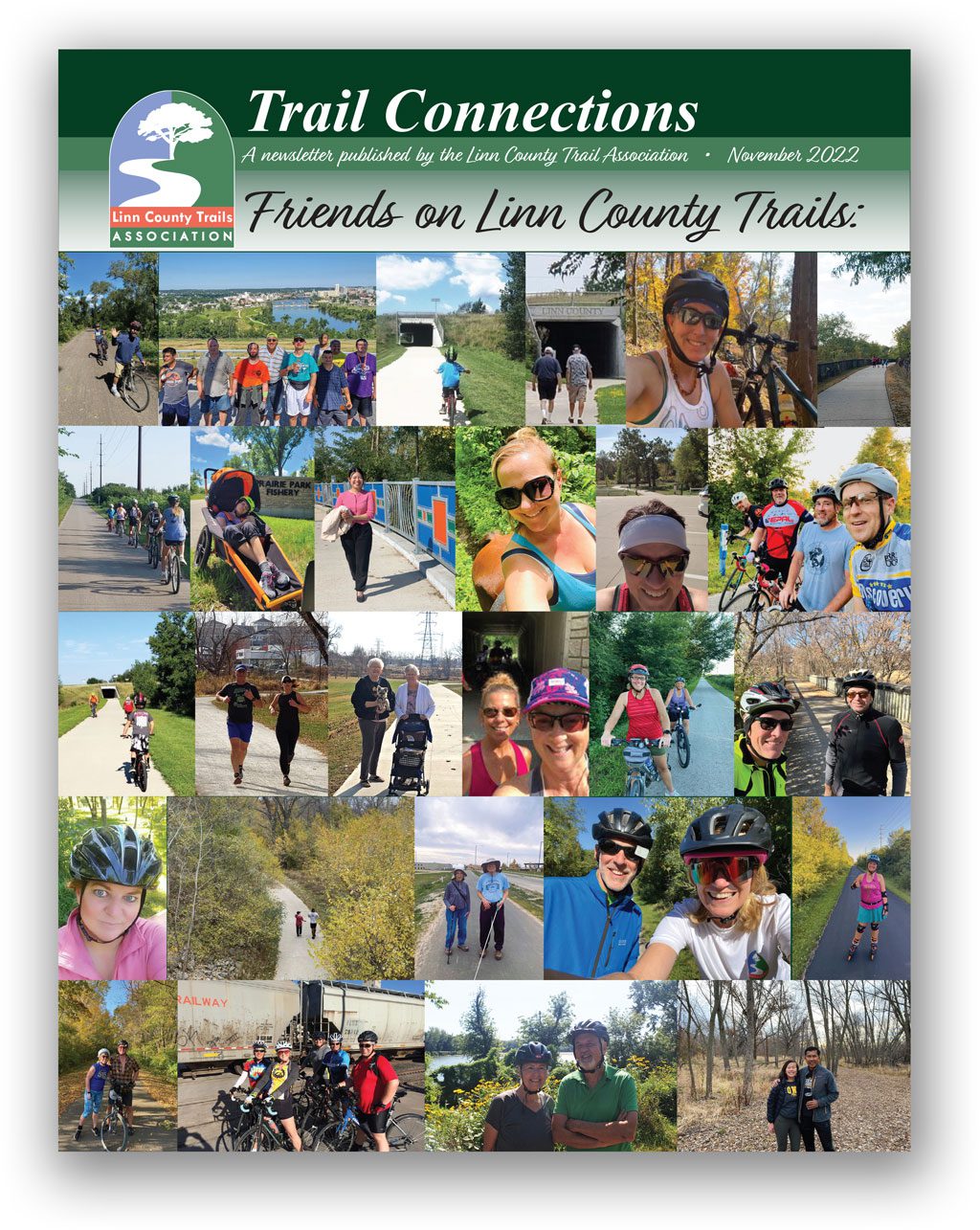 Cover of the November 2022 Trails Connections newsletter from LCTA. The cover photo is a collage of photos of trails users on trails across the county.